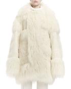 Faux-fur Long-sleeve Coat, Ivory