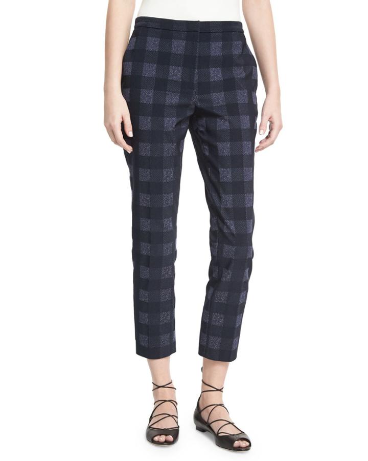 Gingham Cropped Skinny Trousers, Navy
