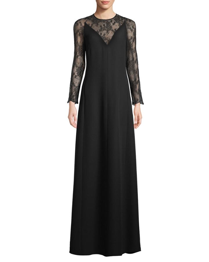 Long-sleeve Lace-illusion Gown