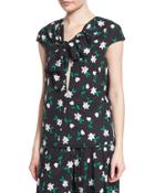 Cap-sleeve Floral-print Blouse, Green/white