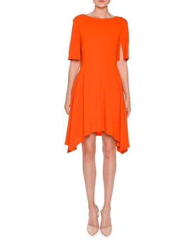 Short-sleeve Boat-neck Handkerchief-hem Dress, Poppy