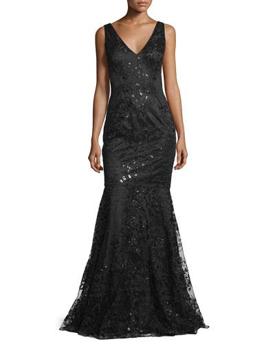 Sleeveless Beaded Embroidered Mermaid Gown, Black