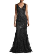 Sleeveless Beaded Embroidered Mermaid Gown, Black