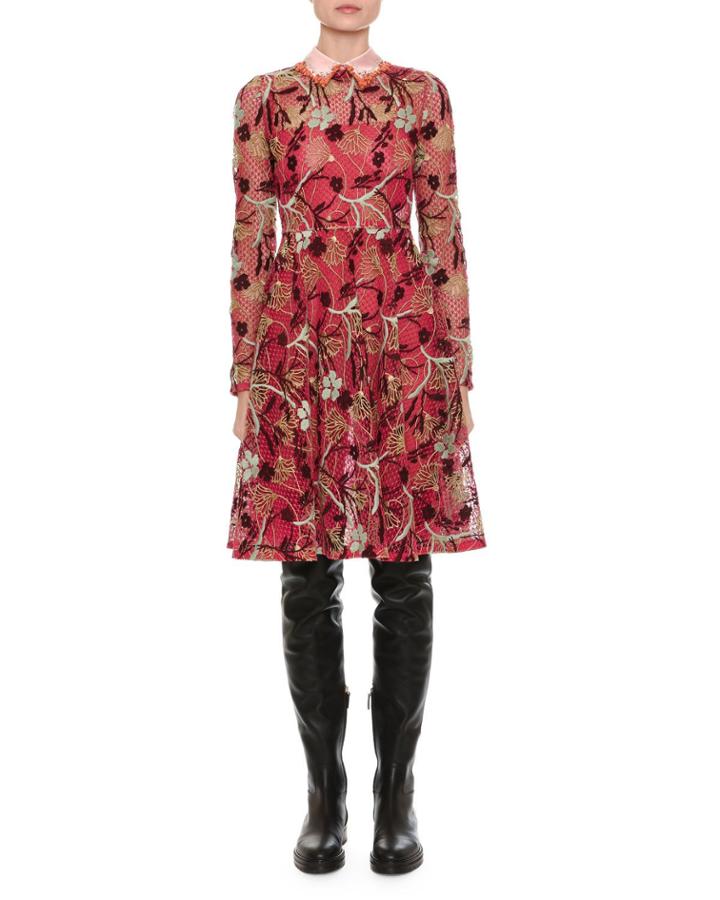 Macrame Lace Dress W/embroidered Collar, Pink Pattern