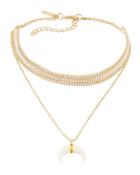 Layered Choker Necklace W/ Shell Horn Pendant, Golden/white
