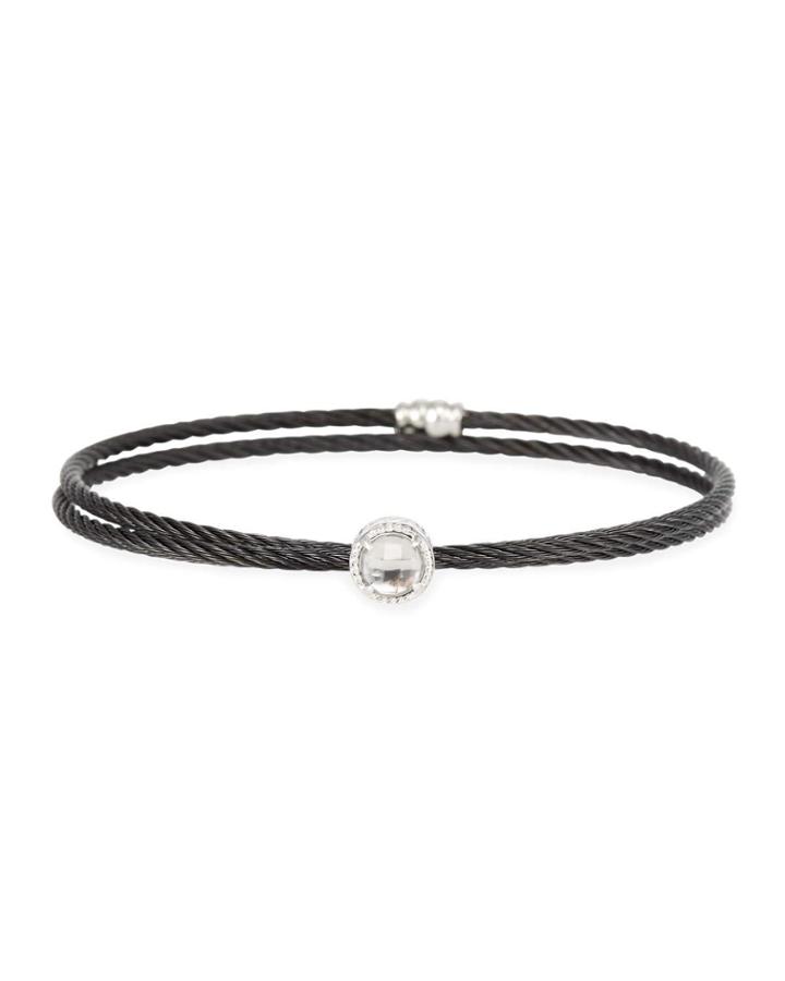 Black Cable Single-wrap Bangle Bracelet With White Topaz