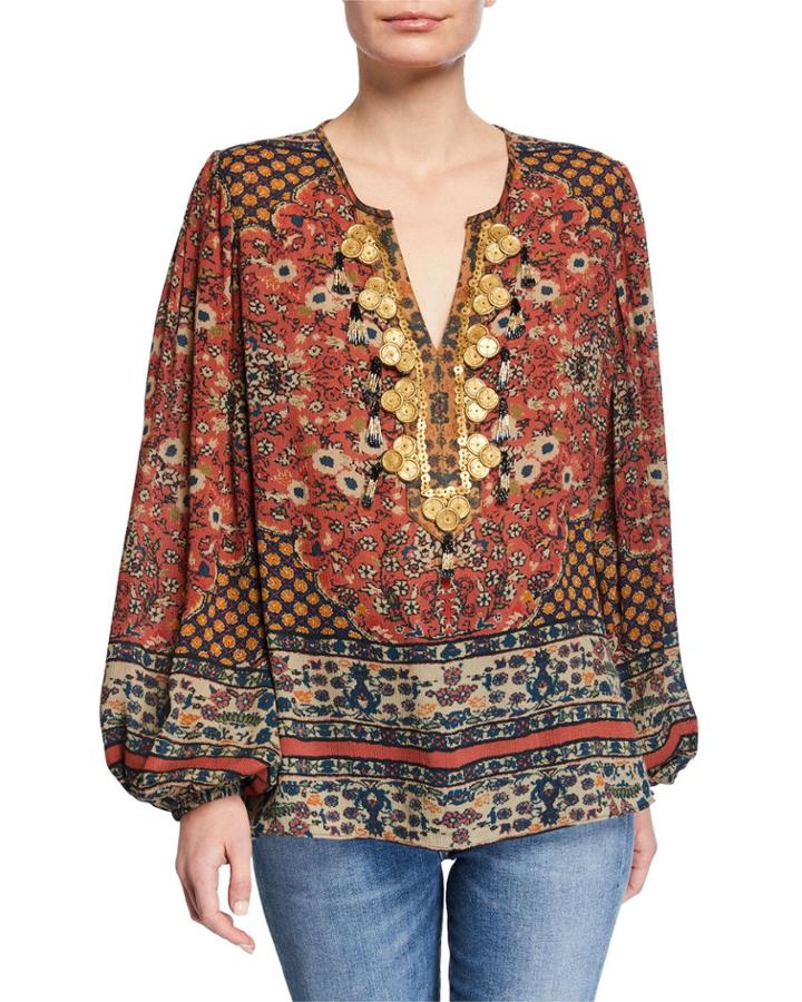 Leah Embellished V-neck Blouson-sleeve