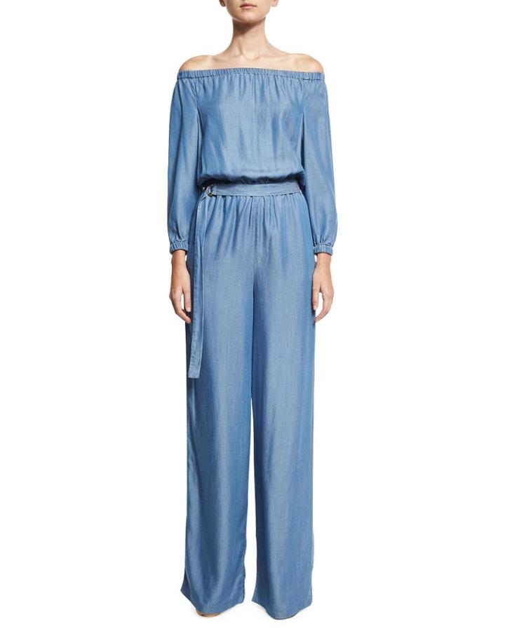 Long-sleeve Off-the-shoulder Jumpsuit, Blue