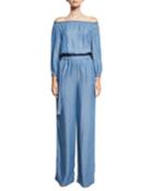 Long-sleeve Off-the-shoulder Jumpsuit, Blue