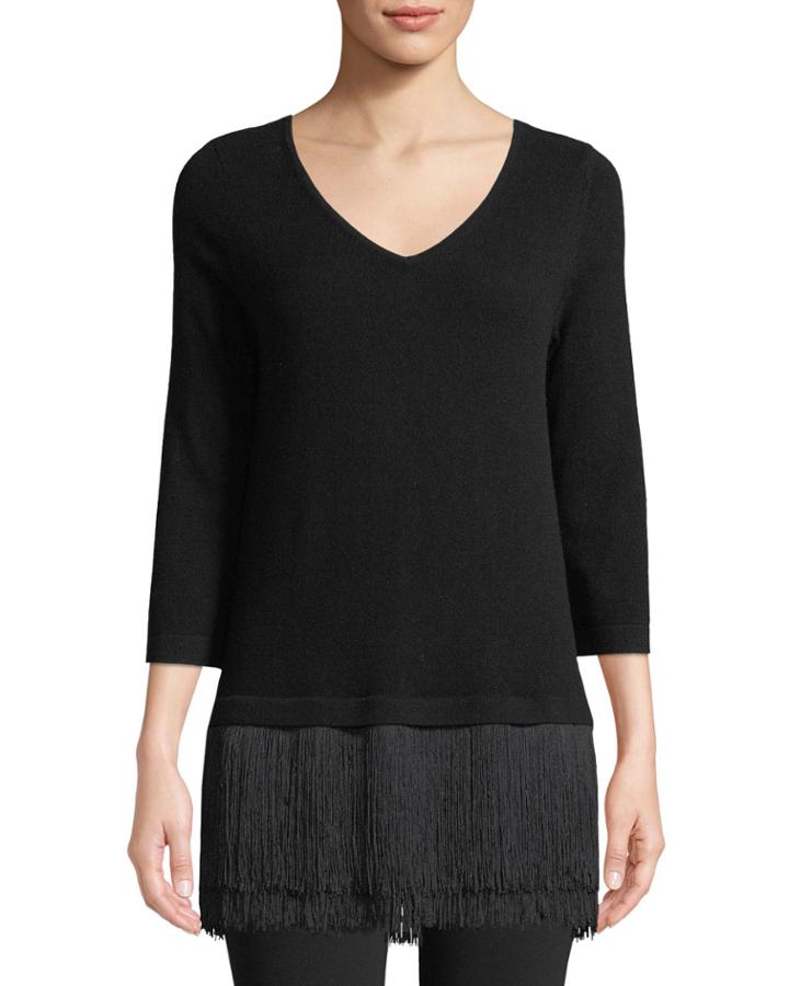 Fringe-trim V-neck Cashmere