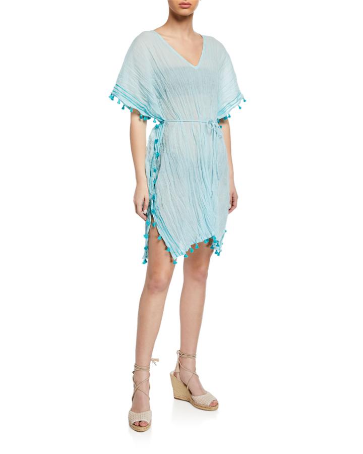 Embroidered Coverup Caftan Dress With Mini Tassels,