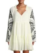 Embroidered-sleeve V-neck Peasant Dress, White