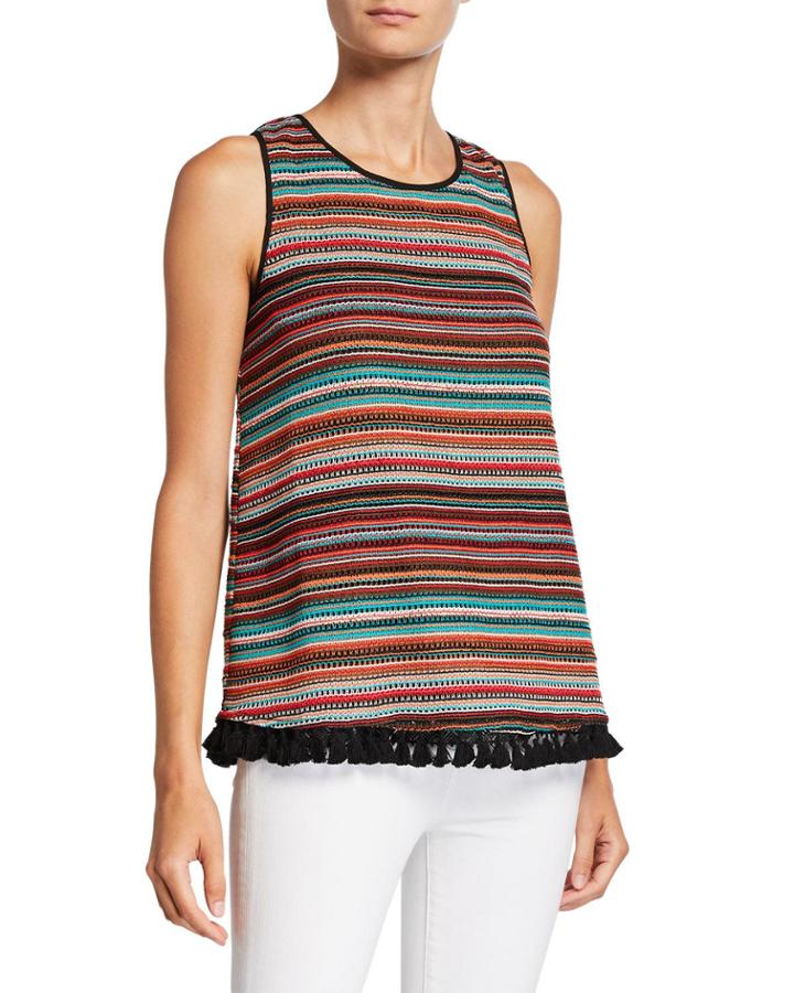 Striped Crochet Lace Halter Top W/ Tassels
