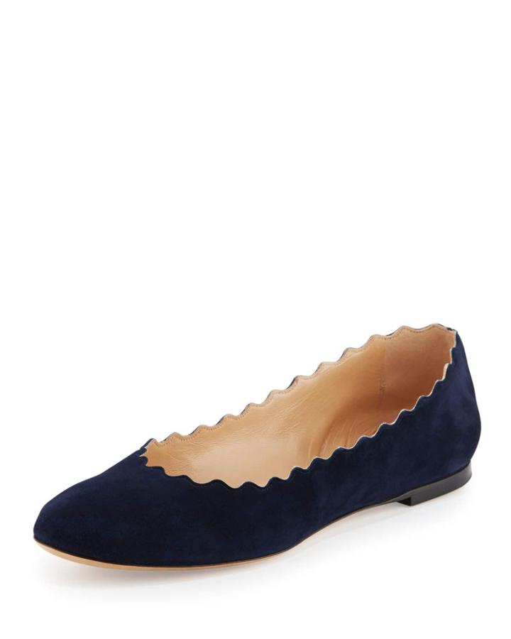 Lauren Scalloped Suede Ballerina Flat, Navy