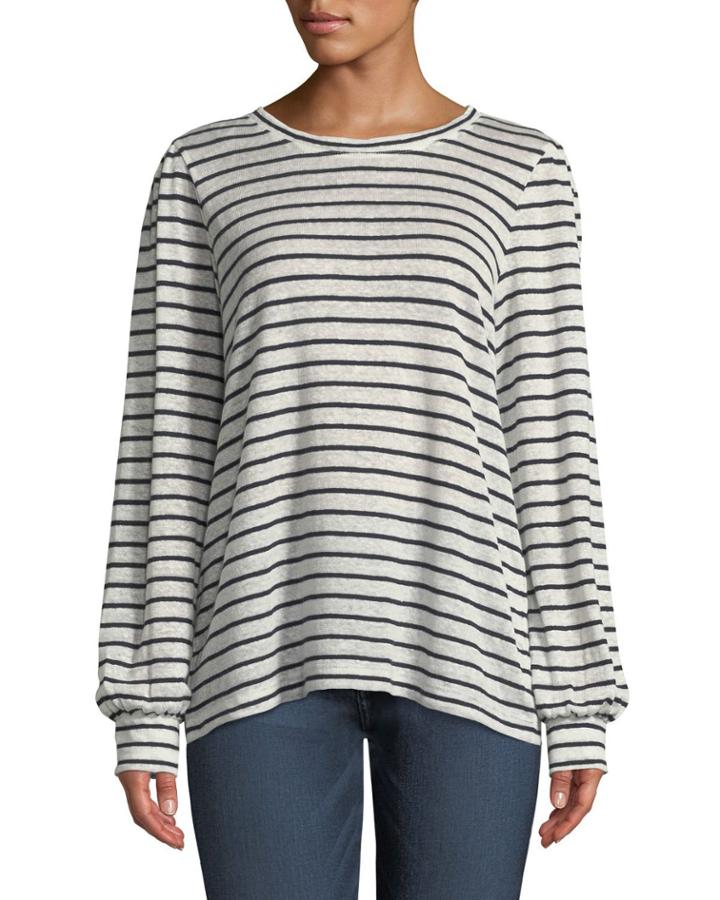 Crewneck Long-sleeve Striped Linen-cotton Top