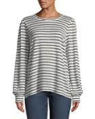 Crewneck Long-sleeve Striped Linen-cotton Top