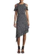 Cold-shoulder Polka-dot Asymmetric-hem Dress, Black/white