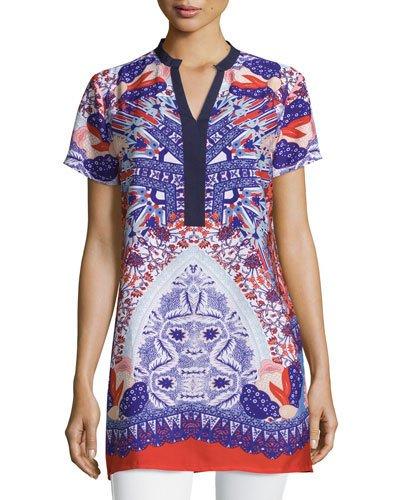 Printed Short-sleeve Tunic, Red