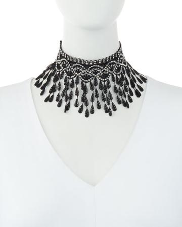 Pipa Embellished Lace Bib Necklace, Black
