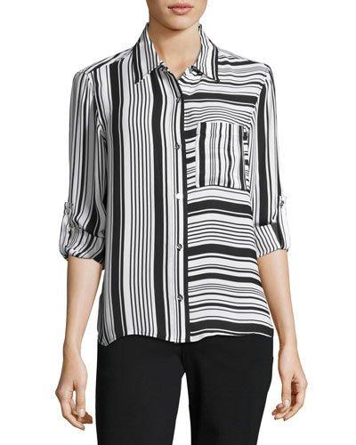 Printed Button-front Blouse, White Pattern