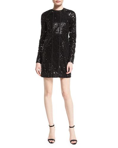 Embellished Paneled Shift Dress, Black