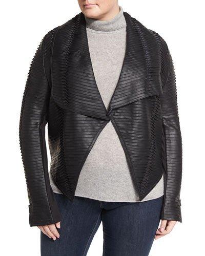 Faux-leather Striped Drape-front Jacket, Brown,