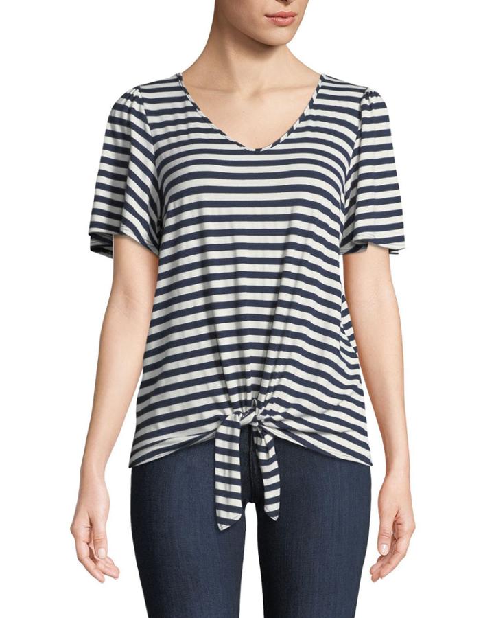 Striped Short-sleeve Tie-front Tee