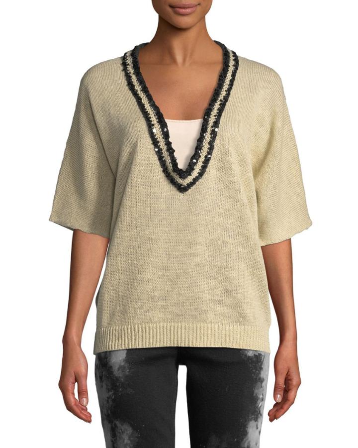 3/4-sleeve Jeweled V-neck