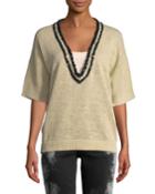 3/4-sleeve Jeweled V-neck