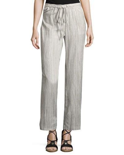 Striped Drawstring-waist Pants, Beige