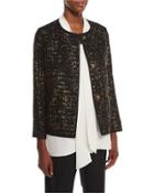 Holland Collarless Bracelet-sleeve Tweed Jacket, Black