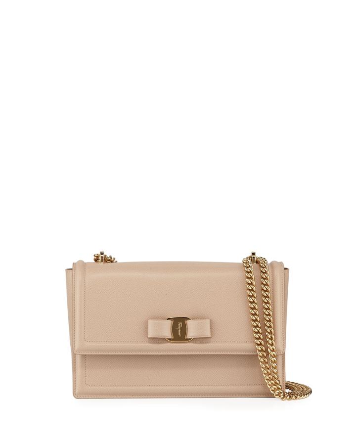Vara Leather Chain Flap Bag, Beige