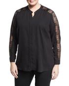 Button Lace-trim Blouse, Black,