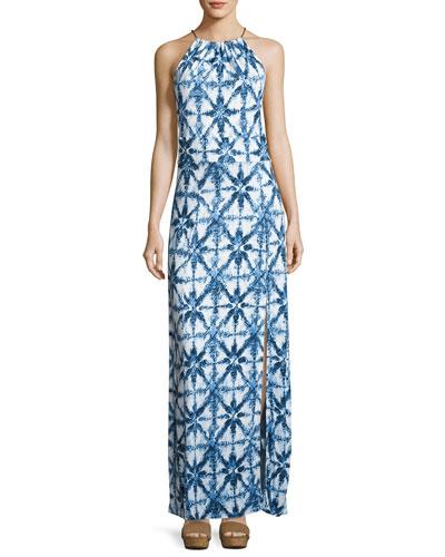 Braided Halter Maxi Dress, Blue Pattern