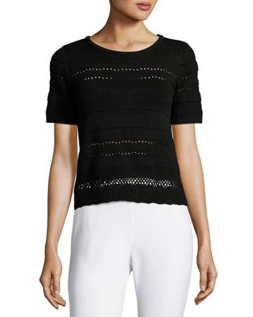 Pointelle-knit Sweater Top, Black
