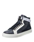 Men's 100mm Sport Two-tone Leather High-top Sneakers With Web Band