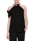 Draped Jewel-neck Halter Top, Black