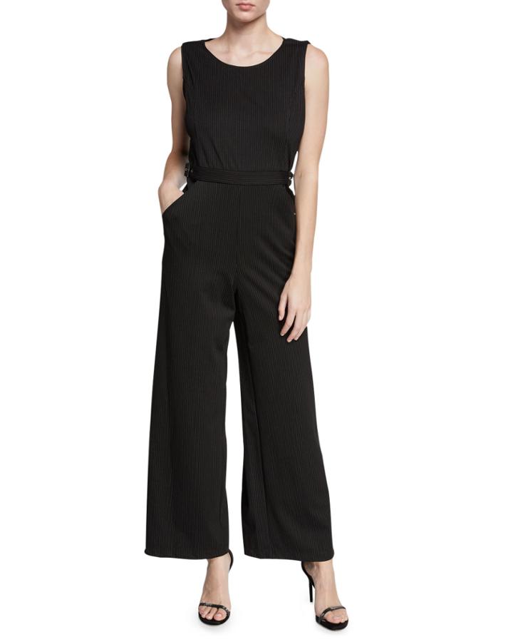 Belted Pinstripe Wide-leg Ponte Jumpsuit
