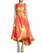 Metallic-print Draped Cocktail Dress With Asymmetric Hem, Bright Orange