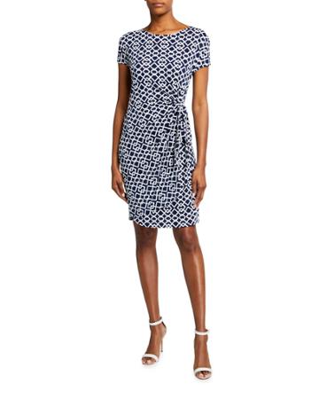 Geo Printed Side Tie Faux-wrap Dress