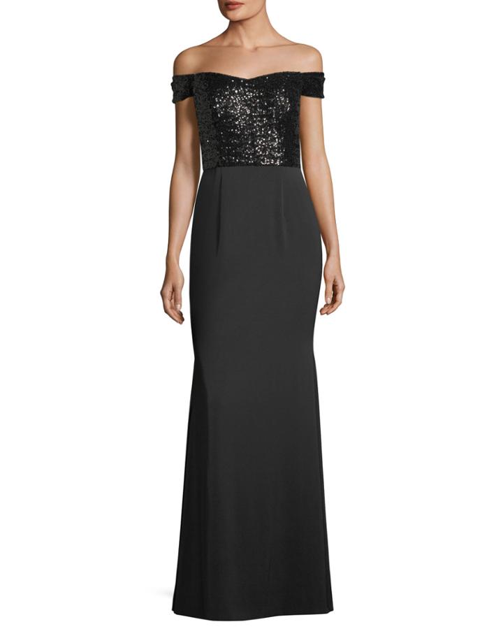 Off-the-shoulder Sequined-bodice Evening Gown