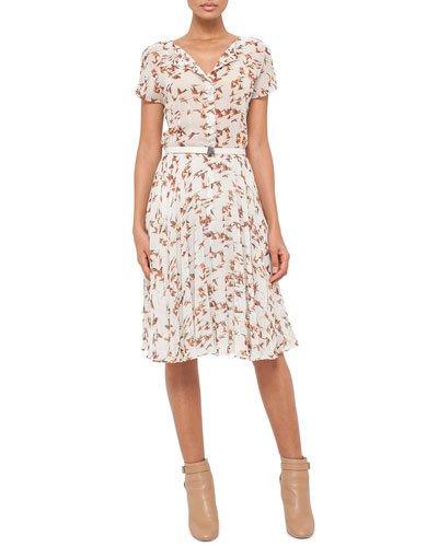 Short-sleeve Karminspint Bird-print Belted Dress