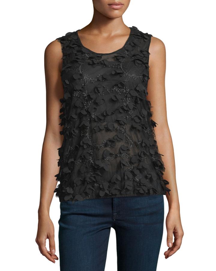 Max Studio 3d-flower Mesh Top, Black, Women's, Size: Medium, Black/ Blk