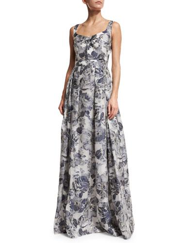 Metallic Etched Floral V-neck Gown, Blue/silver