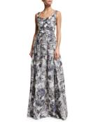 Metallic Etched Floral V-neck Gown, Blue/silver