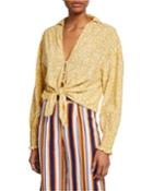 Aira Tie-front Smocked-sleeve Top