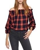 Venus Off-the-shoulder Plaid Blouse