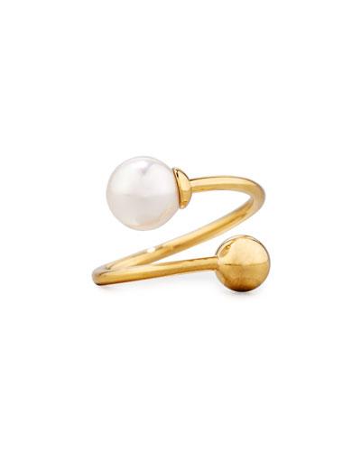 8mm Pearl & Steel Bead Bypass Ring, Golden/white