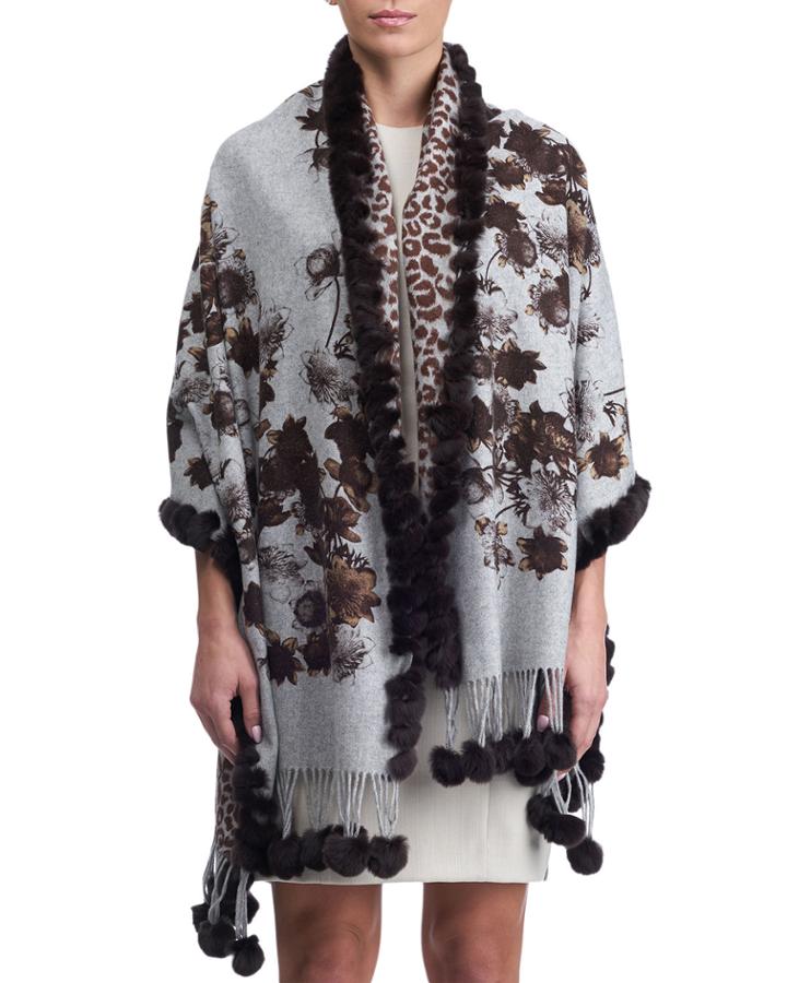Printed Cashmere Stole W/ Fur Trim. Gray Pattern