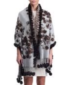 Printed Cashmere Stole W/ Fur Trim. Gray Pattern